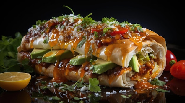 Chimichanga légumes farcis et viande avec légumes hachés sur une table en bois