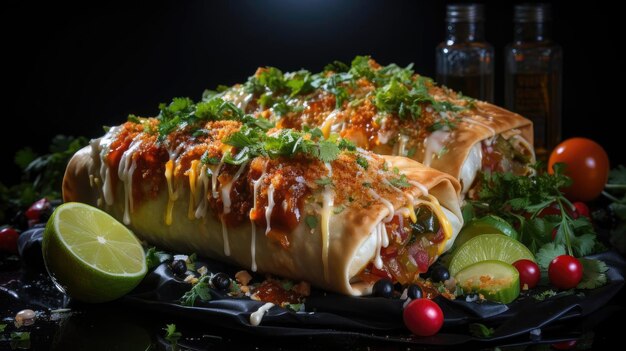 Chimichanga légumes farcis et viande avec légumes hachés sur une table en bois