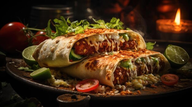 Chimichanga plein de légumes, de viande et de mayonnaise sur une table en bois avec un fond flou