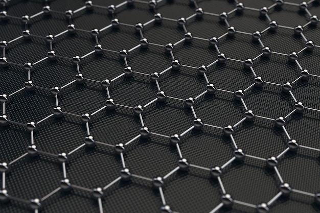 Chimie noire Résumé Hexagonal Metal Molecule Background Texture gros plan extrême. Rendu 3D