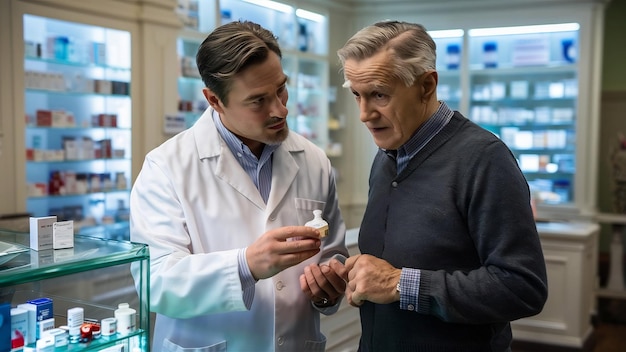 Un chimiste explique une ordonnance à un homme âgé dans une pharmacie.