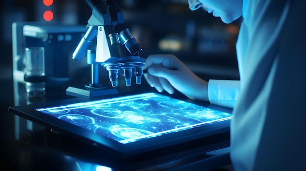 Un chimiste travaillant en laboratoire sur son ordinateur portable sur une table à côté d'un format d'écran de pot