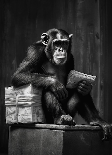 chimpanzé arafed assis sur une boîte en train de lire un livre IA générative