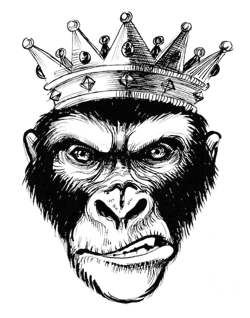 Chimpanzé en colère en couronne. Dessin noir et blanc à l'encre