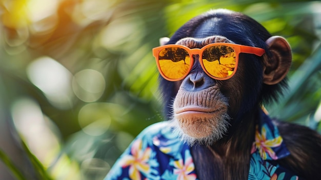 Un chimpanzé cool portant des lunettes de soleil orange et une chemise hawaïenne colorée