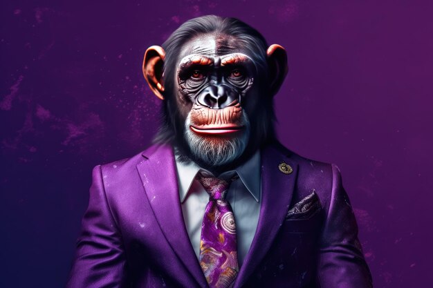 Un chimpanzé devenu humain vêtu d'un costume et d'une cravate pose sur un fond violet Generative AI