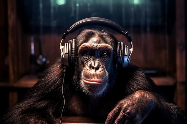 Un chimpanzé avec des écouteurs et un microphone sur la tête