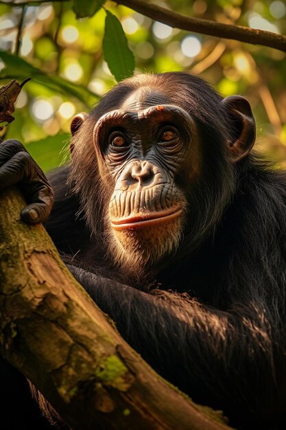 un chimpanzé est assis dans un arbre avec un fond vert