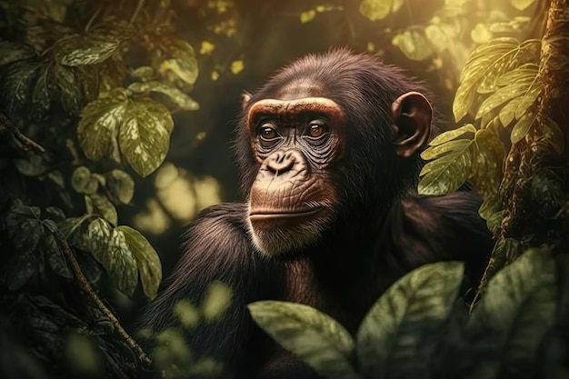 Un chimpanzé à l'état sauvage regarde la caméra à travers les feuilles d'un arbre généré par Ai