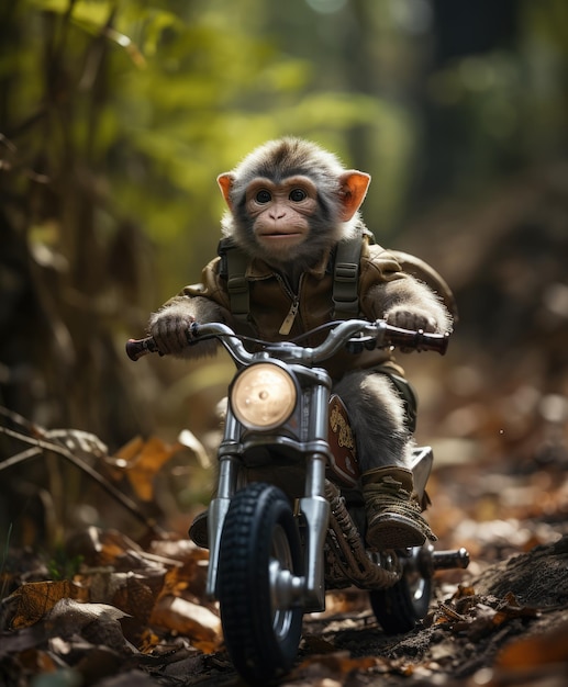 un chimpanzé sur un minibike traversant une forêt