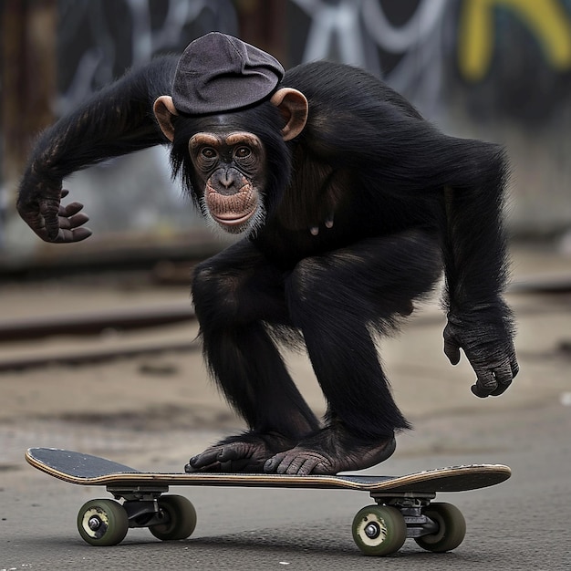 Un chimpanzé portant une casquette à l'envers faisant du skateboard dans la rue