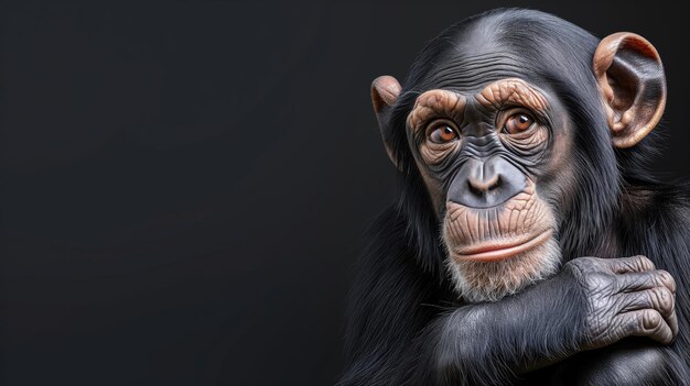 Un chimpanzé avec un regard contemplatif, les bras croisés en pensée.