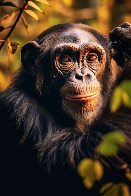 chimpanzé se nourrissant dans la forêt