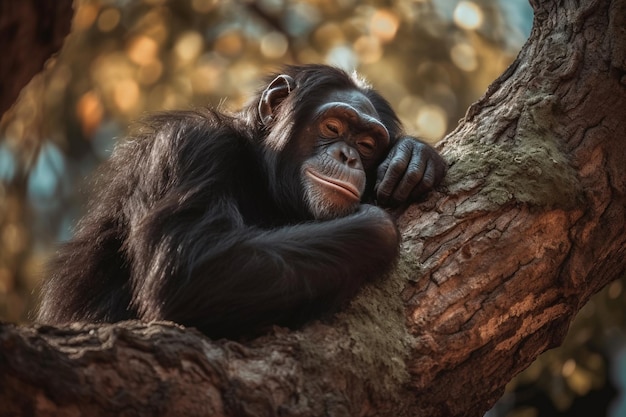 Un chimpanzé se reposant sur une branche d'arbre