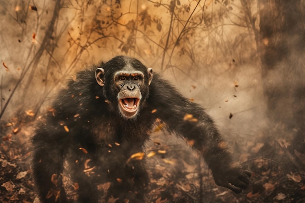 Un chimpanzé ou un singe courant dans la fumée d'un feu de forêt