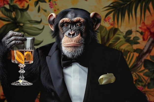 Un chimpanzé en smoking avec un verre de whisky