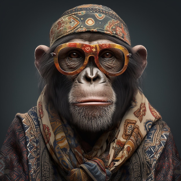 chimpanzé en tenue bohème hippie médiévale bohème avec perles surréaliste