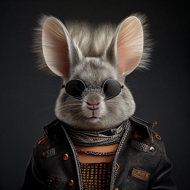 Chinchilla dans une tenue en cuir de rock punk black metal rockstar