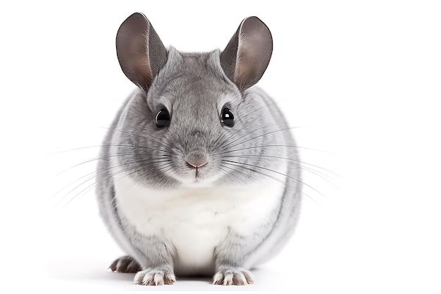 Un chinchilla est assis sur un fond blanc.