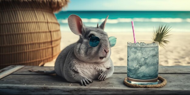 Chinchilla est en vacances d'été dans une station balnéaire et se détend sur la plage d'été