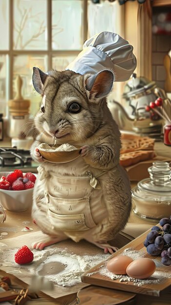 Photo un chinchilla portant un chapeau de chef dans la cuisine préparant de la nourriture