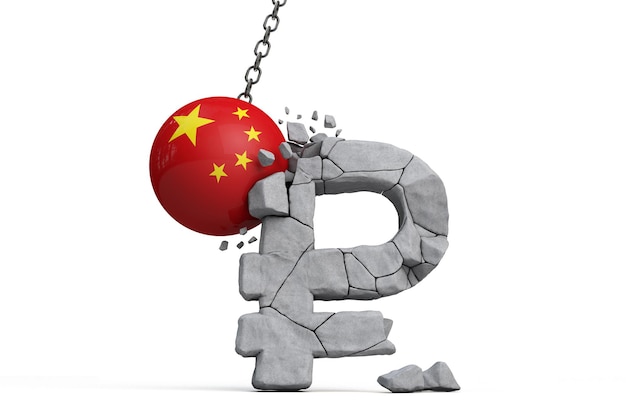 Chine drapeau boule brisant un rouble russe symbole monétaire sanctions économiques concept d render