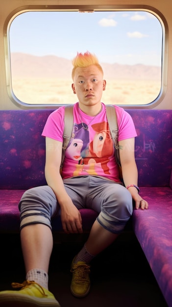 Un chinois de 30 ans avec des cheveux blonds est assis.