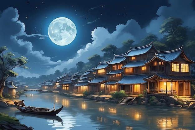 Chinois rivière certaines maisons sur les rives ciel peinture de lune Ai généré de l'art