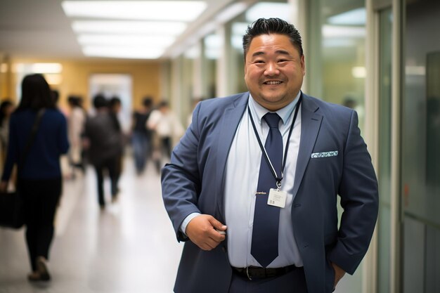 Un chinois sympathique d'une quarantaine d'années dans un costume bleu debout dans un couloir d'hôpital moderne