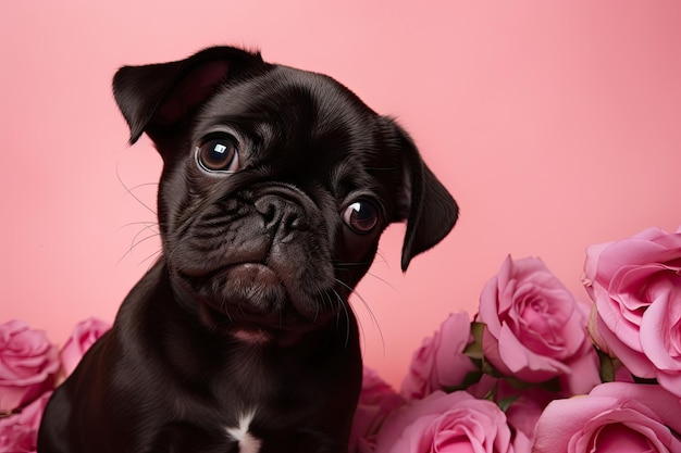 Chiot adorable et affectueux sur fond rose entouré de fleurs AI générative
