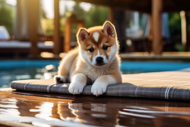 Un chiot akita inu absolument mignon est assis près d'une petite piscine d'eau sur un tapis dans sa maison