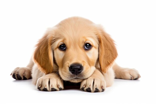 un chiot allongé sur le sol regardant la caméra