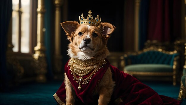 Un chiot à l'allure royale vêtu d'une luxueuse robe en velours avec une couronne dorée perchée au sommet de sa tête