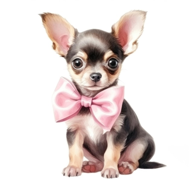 chiot d'aquarelle de chihuahua avec un arc rose isolé