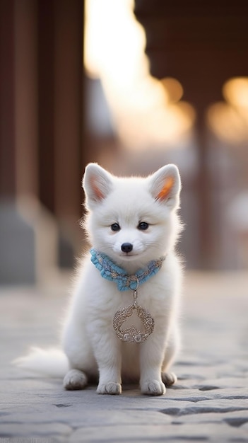 chiot araffe assis sur un trottoir avec une IA générative en col bleu