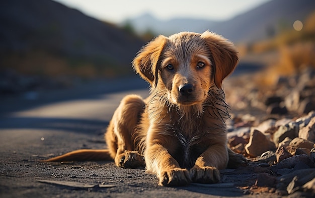 Un chiot assis sur le bord d'une route AI