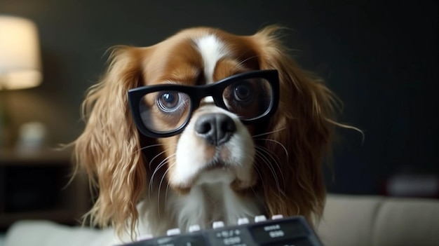 Photo le chiot aux yeux écarquillés a l'air intimidé et surpris par la calculatrice ai generative