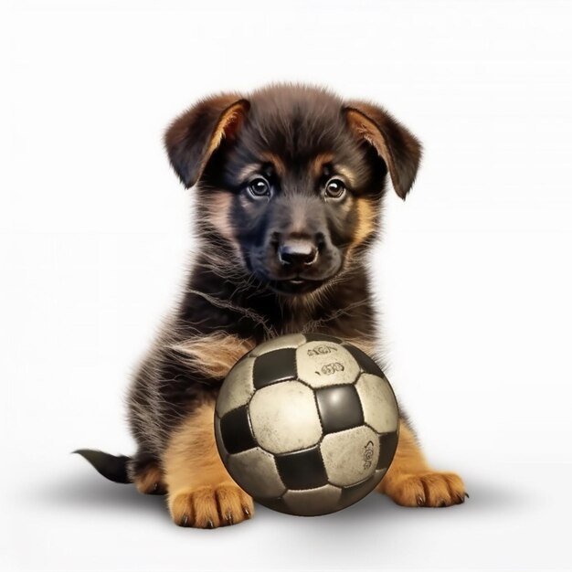 chiot avec un ballon de football sur fond blanc ai générative