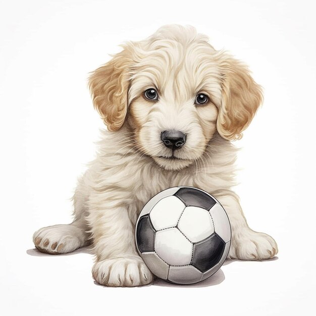 chiot avec un ballon de football sur fond blanc ai générative