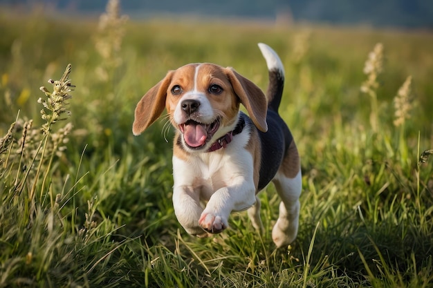 Un chiot de beagle enjoué jouant à l'extérieur