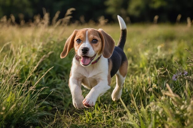 Un chiot de beagle enjoué jouant à l'extérieur