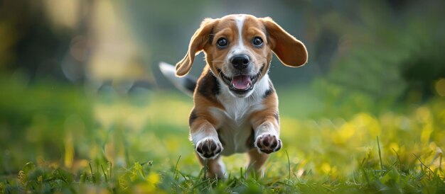 Un chiot de beagle qui court dans un champ d'herbe