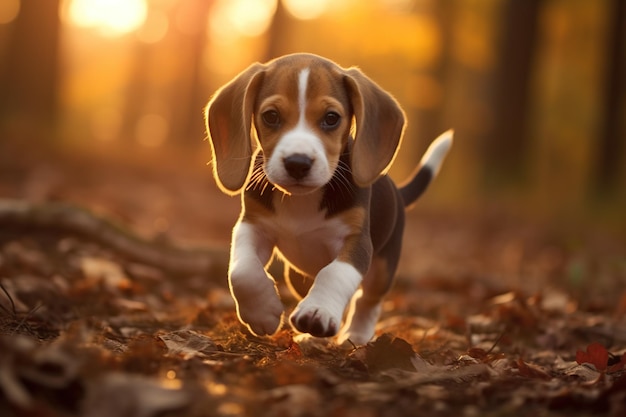 Un chiot de beagle qui court dans la forêt d'automne