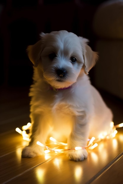 Un chiot blanc avec un collier rose est assis sur un sol entouré de lumières de Noël