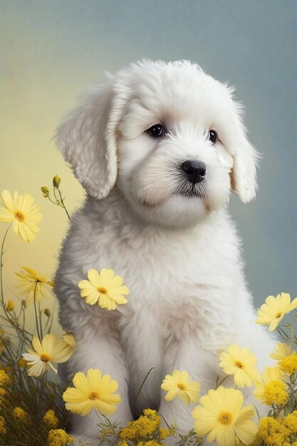 Un chiot blanc dans un champ de fleurs