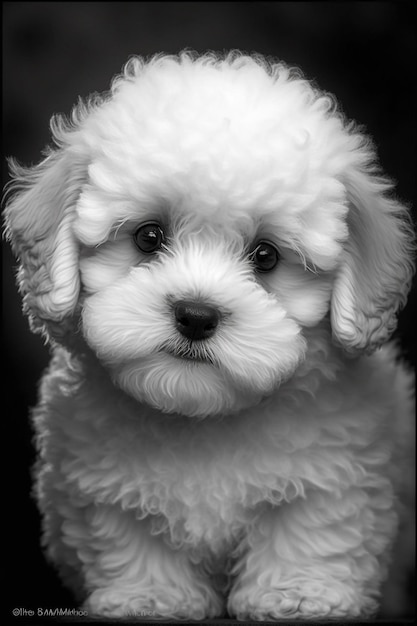 un chiot blanc avec un nez noir et un fond noir