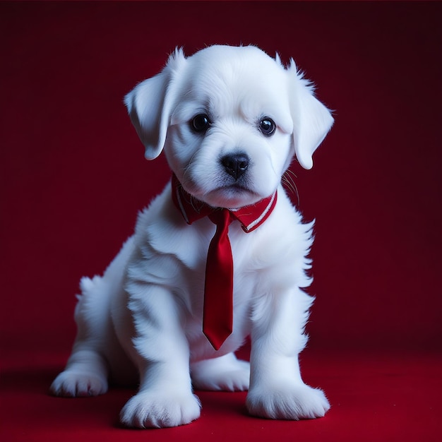 chiot blanc portant une cravate res et regardant la caméra