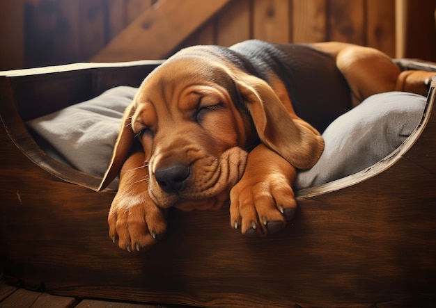 Un chiot Bloodhound qui dort profondément dans un lit douillet pour chien