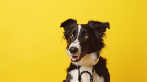 Photo un chiot de border collie tenant un stéthoscope dans la bouche sur un fond jaune