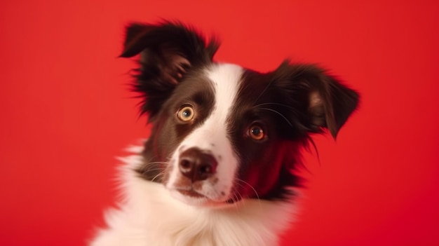 Un chiot de border collie tenant un stéthoscope dans la bouche sur un fond jaune